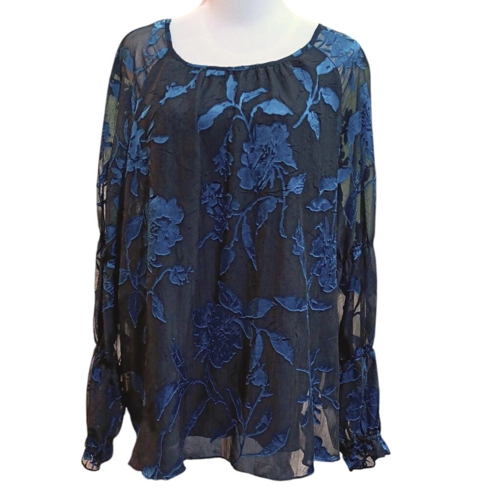 ALFANI Blouse Top XL Romantic Floral Fairy Medieval Whimsigoth Royal Blue Black